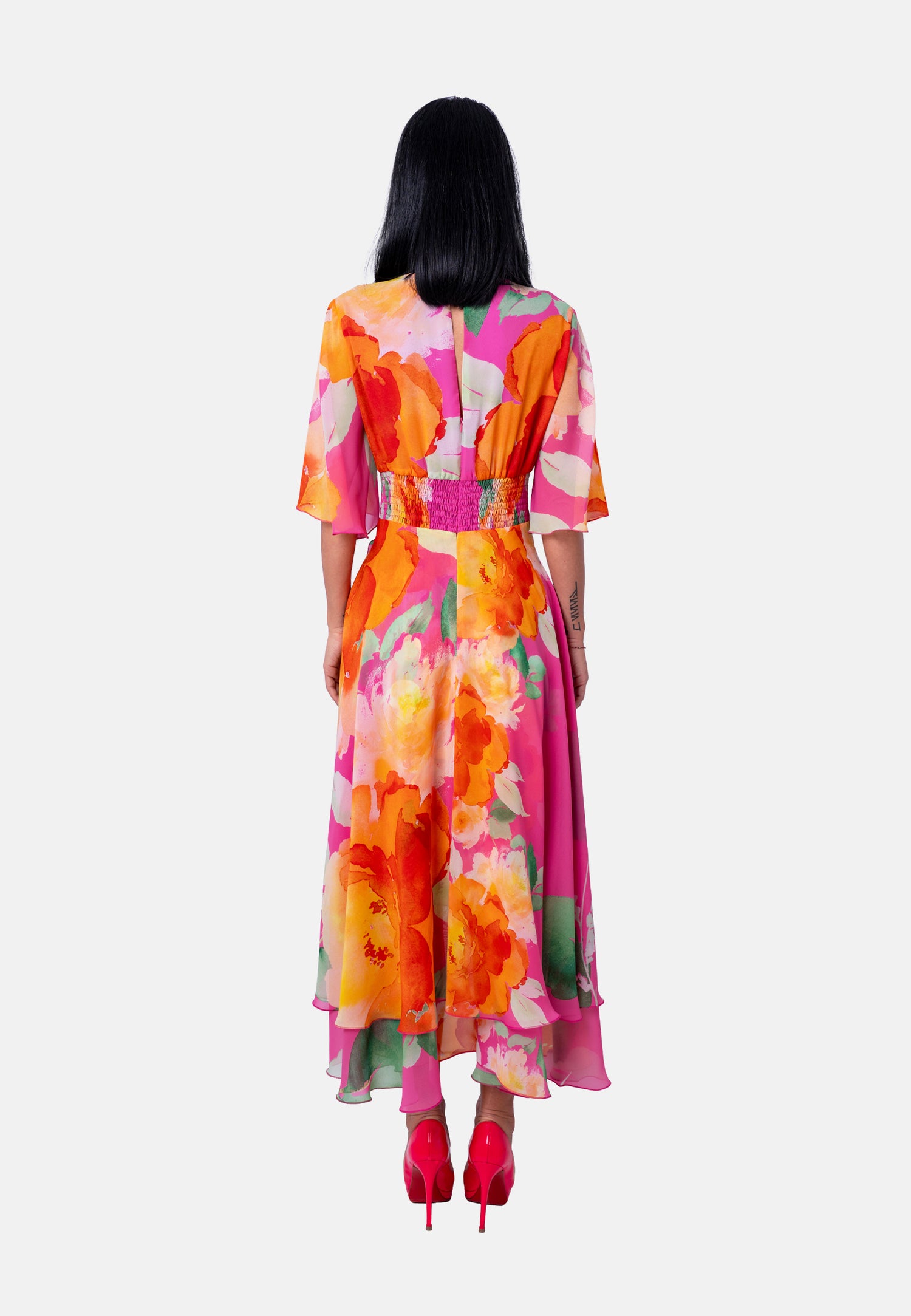 Florales Langes  aus Chiffon mit asymmetrischem Saum Rosa| Jardin by Birds of Love