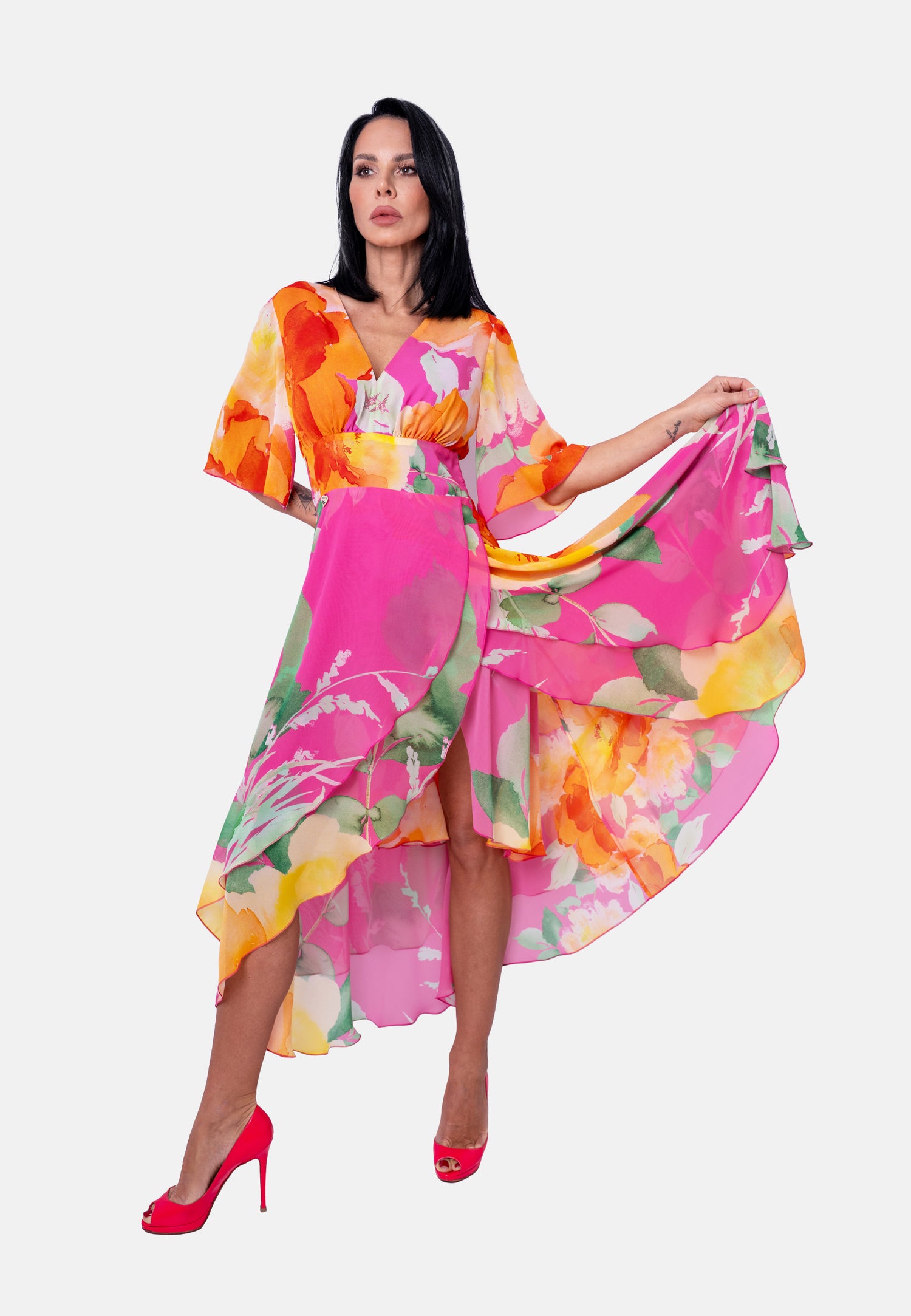 Florales Langes  aus Chiffon mit asymmetrischem Saum Rosa| Jardin by Birds of Love
