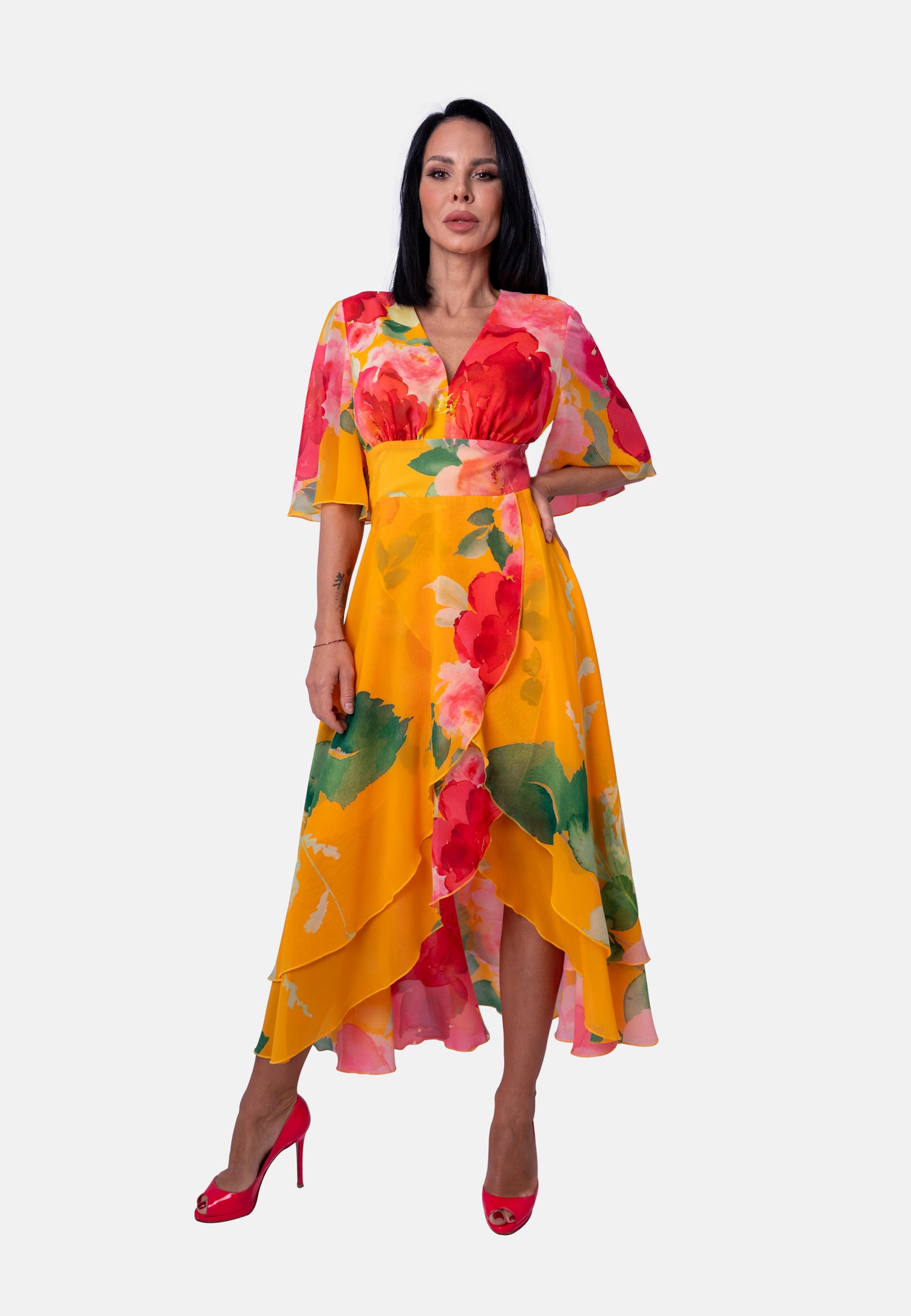 Langes mit Blumenprint und Volants in Gelb