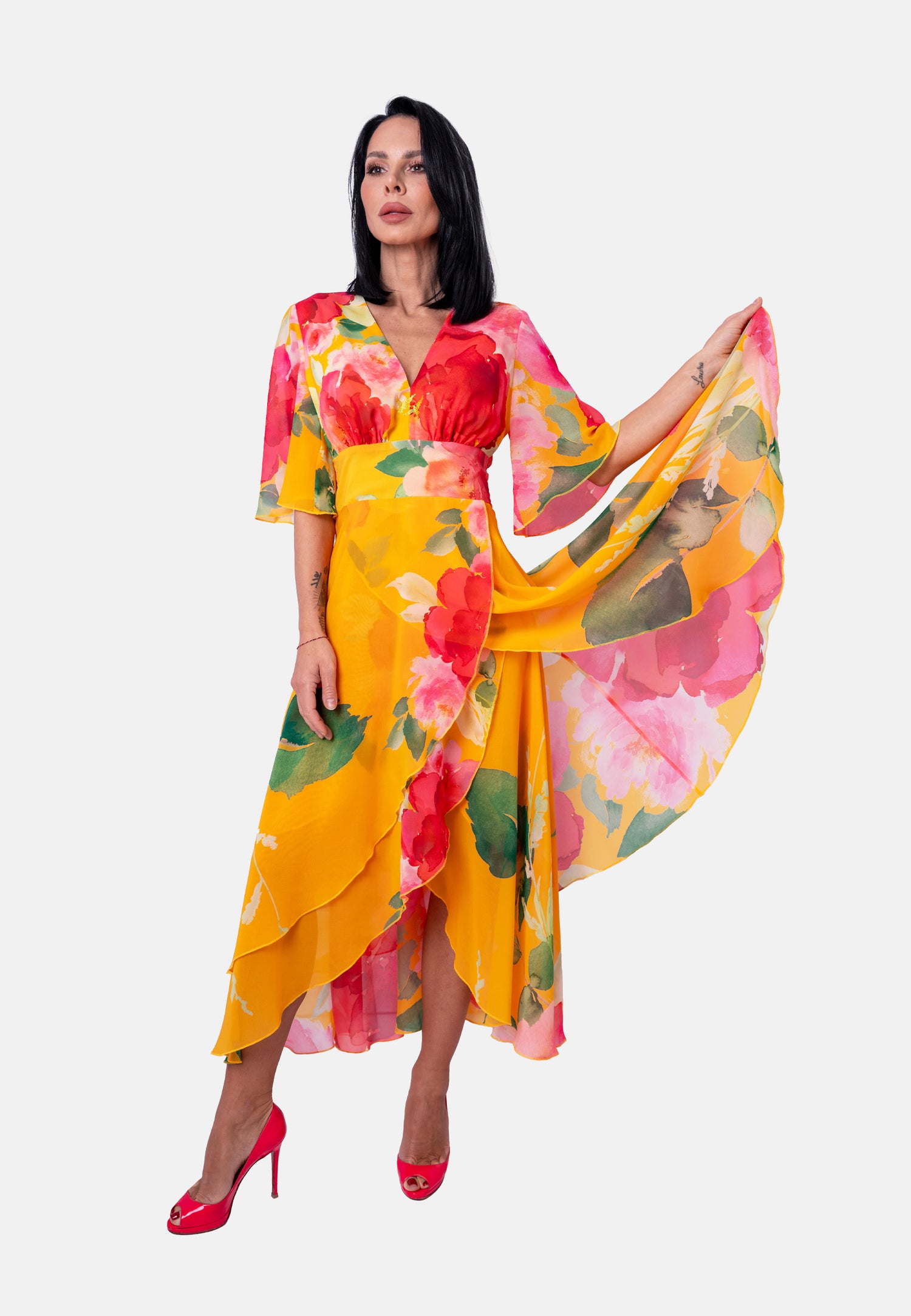 Langes mit Blumenprint und Volants in Gelb