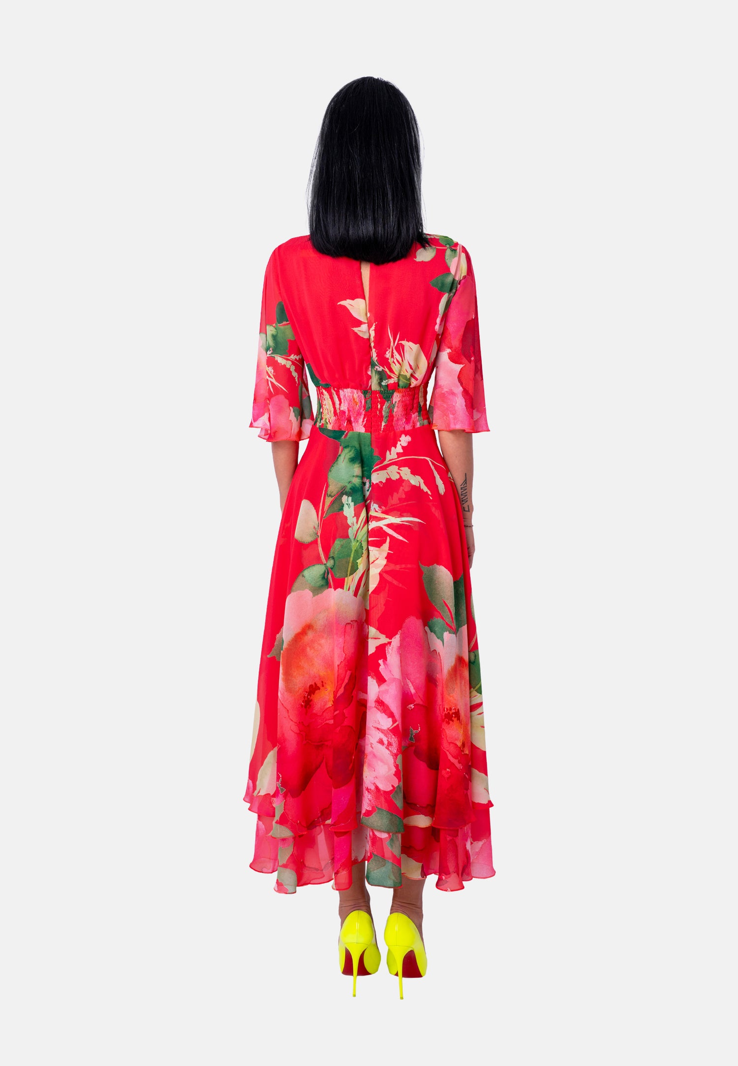 Langes Kleid mit Blumenprint und asymmetrischem Saum in Rot 