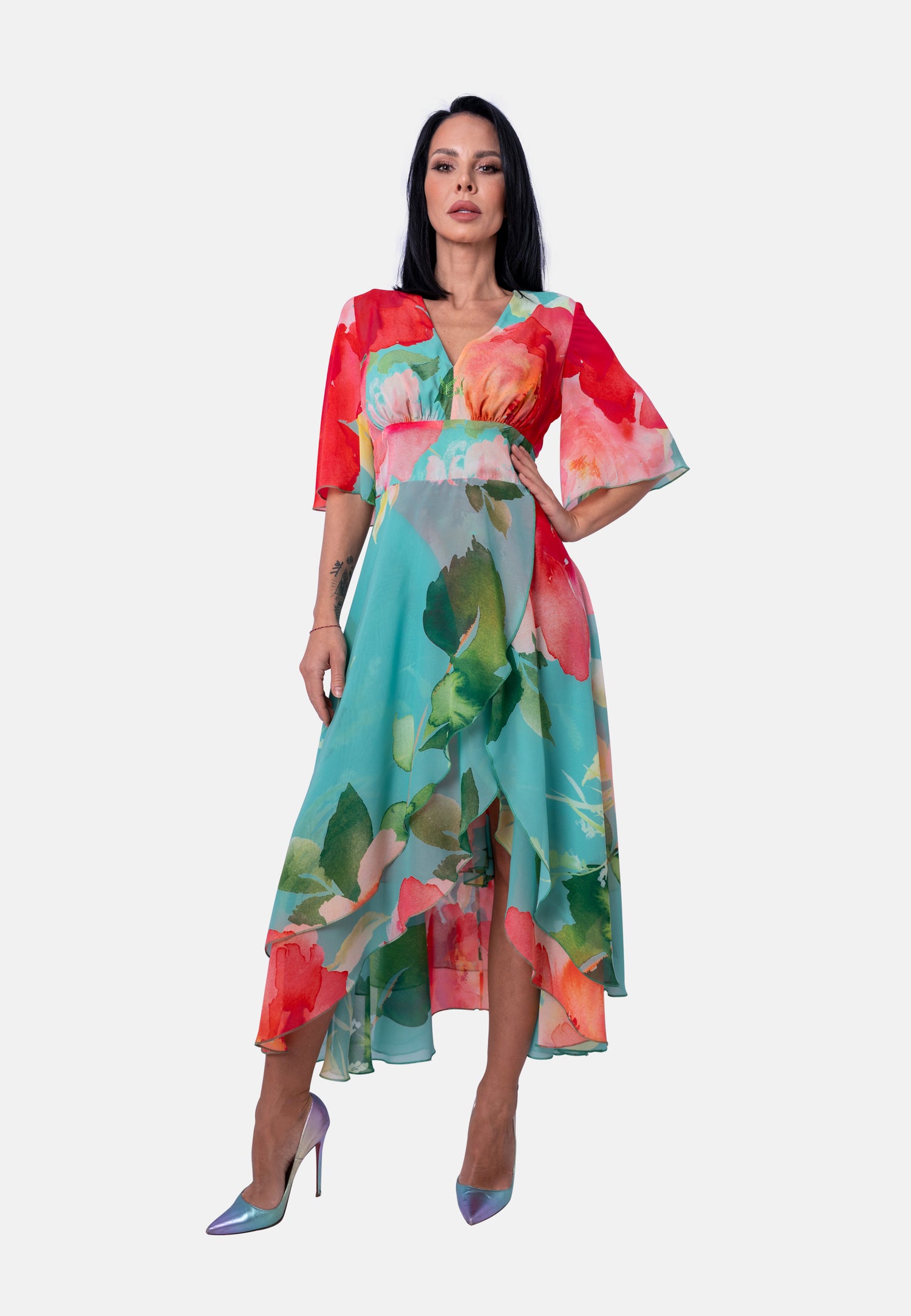 Florales Langes mit asymmetrischem Saum Mint | Jardin by Birds of Love