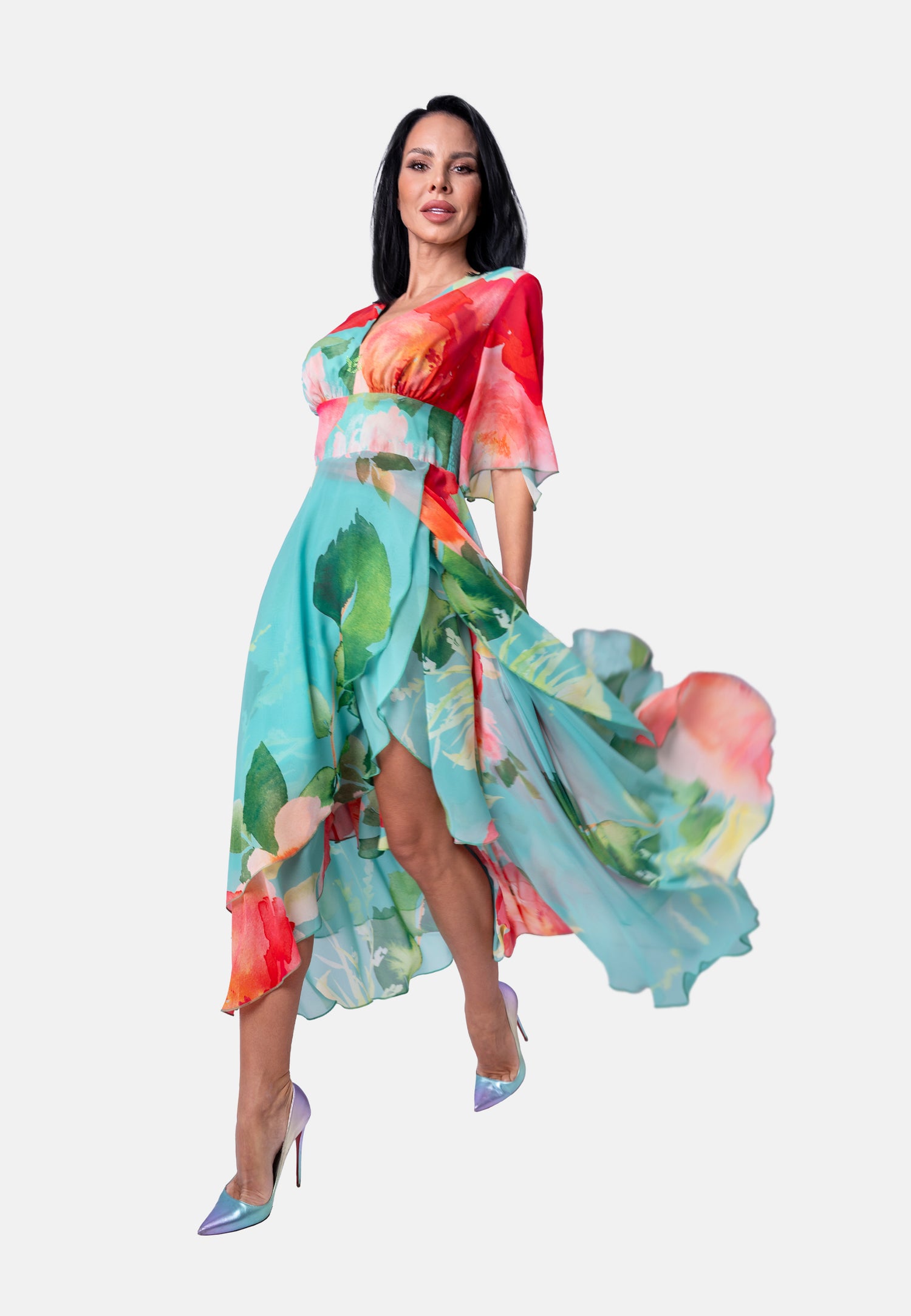 Florales Langes mit asymmetrischem Saum Mint | Jardin by Birds of Love