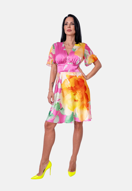 Florales Midikleid mit V-Ausschnitt Rosa| Jardin by Birds of Love
