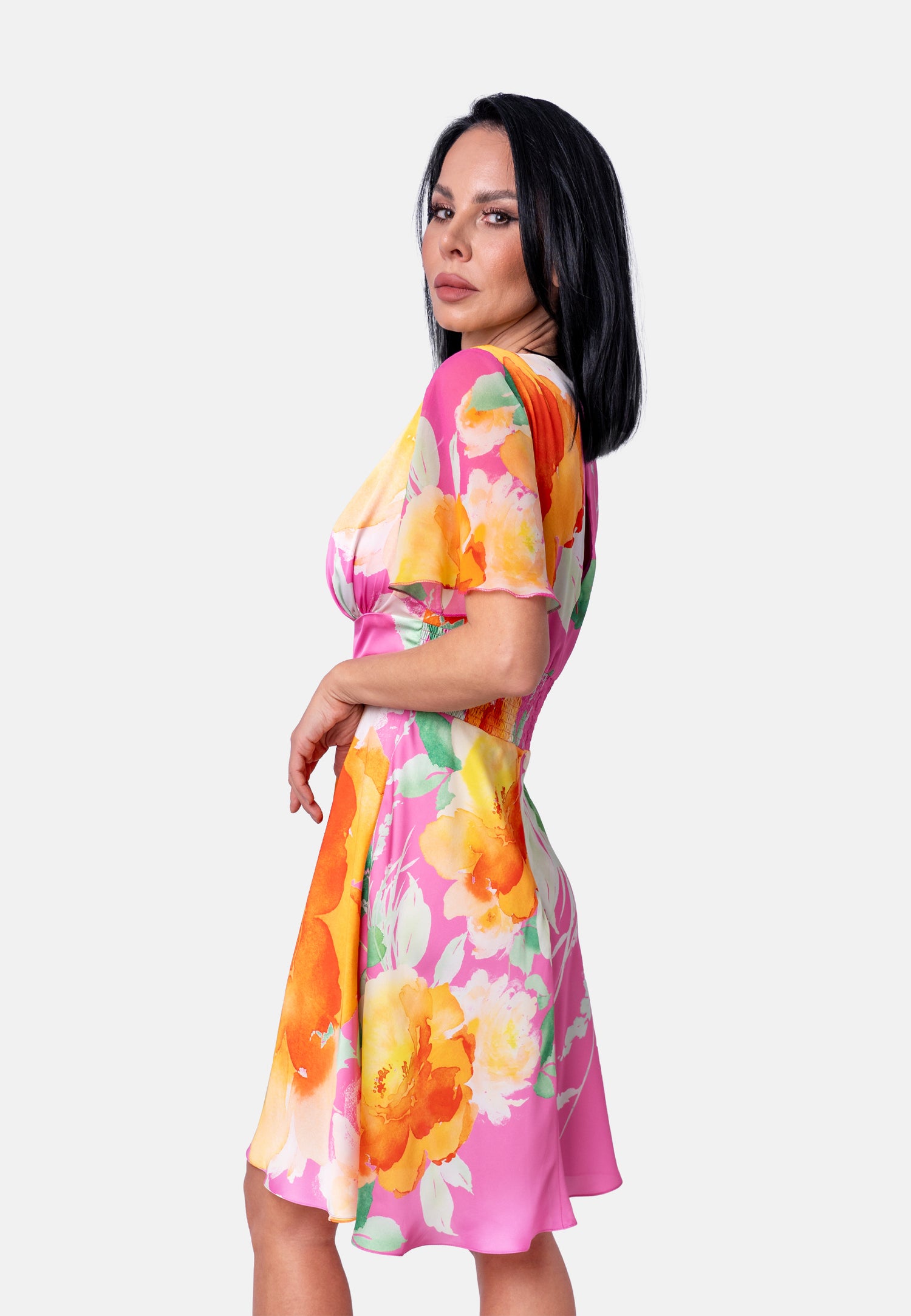 Florales Midikleid mit V-Ausschnitt Rosa| Jardin by Birds of Love