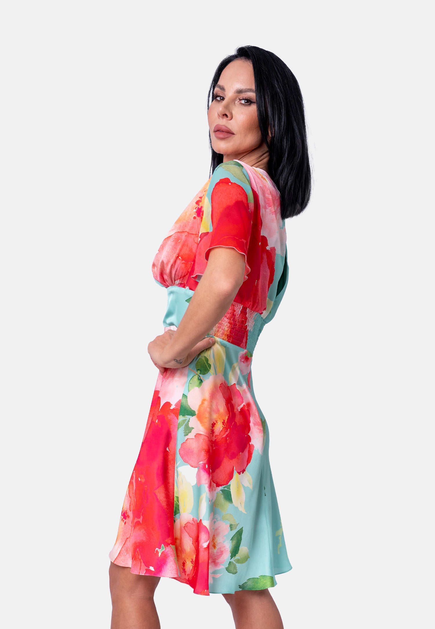 Florales Midikleid mit V-Ausschnitt Mint | Jardin by Birds of Love