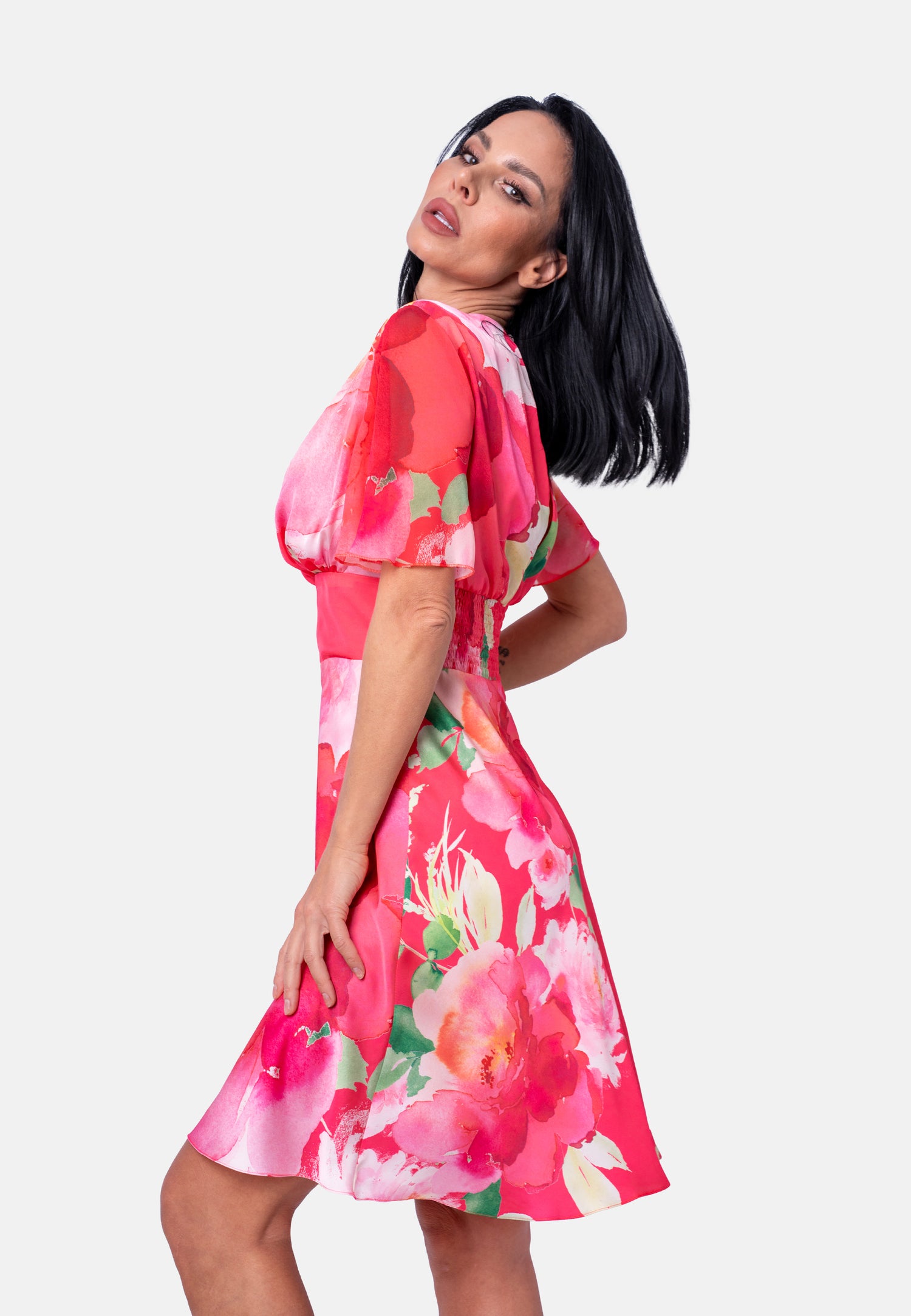 Kleid mit Blumenprint und V-Ausschnitt in Rot