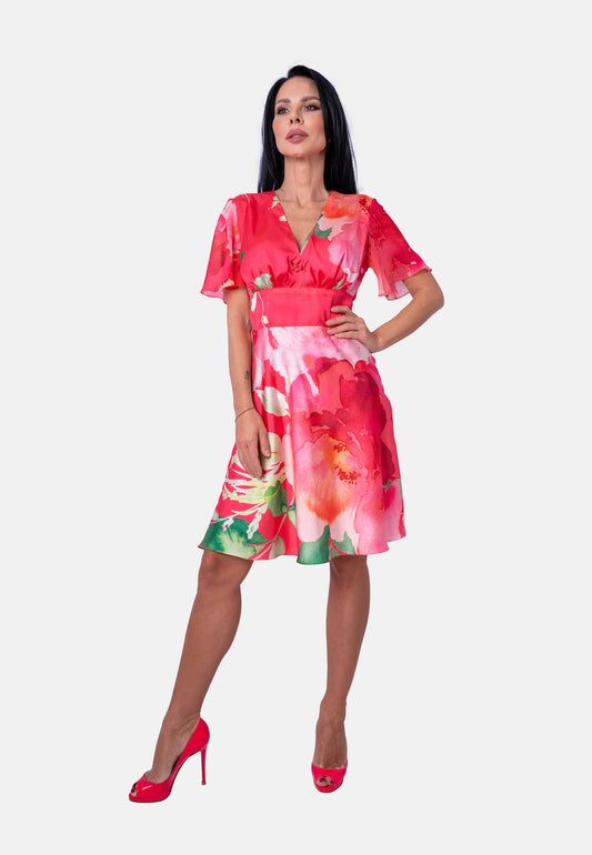 Kleid mit Blumenprint und V-Ausschnitt in Rot | Jardin by Birds of Love