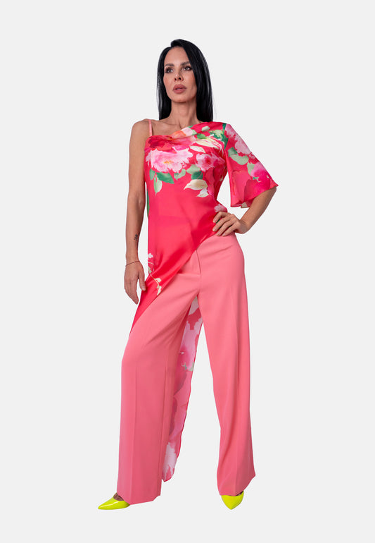 Asymmetrische One-Shoulder-Bluse mit floralem Print Rosa | Jardin by Birds of Love
