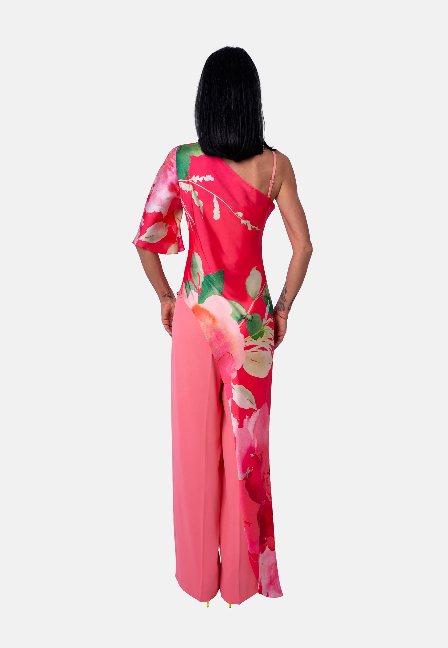Asymmetrische One-Shoulder-Bluse mit floralem Print Rosa | Jardin by Birds of Love