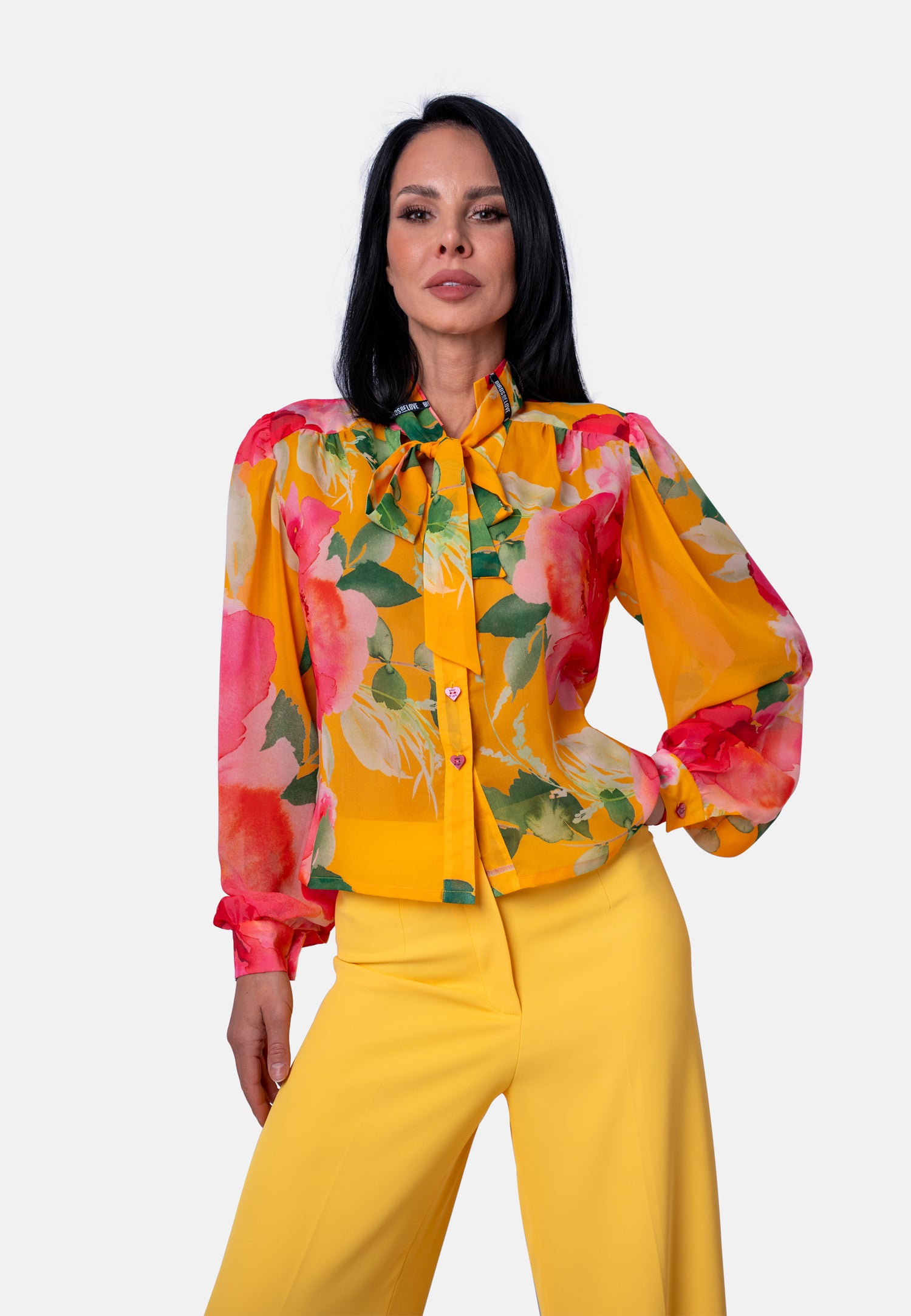 Bluse mit Schleife und Blumenprint in Gelb