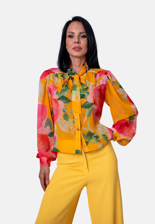 Bluse mit Schleife und Blumenprint in Gelb | Jardin by Birds of Love