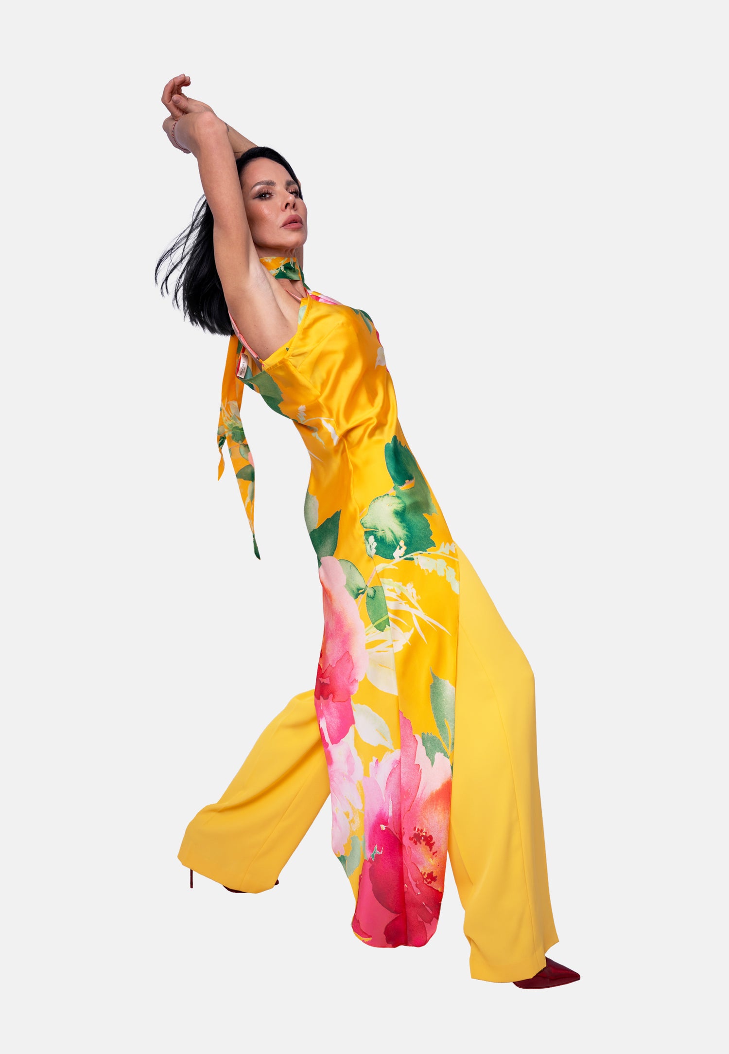 Lange Bluse mit One-Shoulder-Design in Gelb