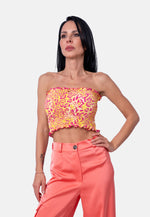 Trägerloses Crop-Top mit geraffter Struktur im Animalprint in Gelb-Pink | Birds of Wild Grace by Birds of Love