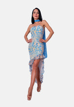 Asymmetrisches Bandeau-Kleid mit Animalprint und Volantsaum in Blau-Beige | Birds of Wild Grace by Birds of Love