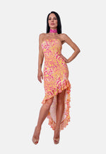 Asymmetrisches Bandeau-Kleid mit Animalprint und Volantsaum in Gelb-Pink | Birds of Wild Grace by Birds of Love