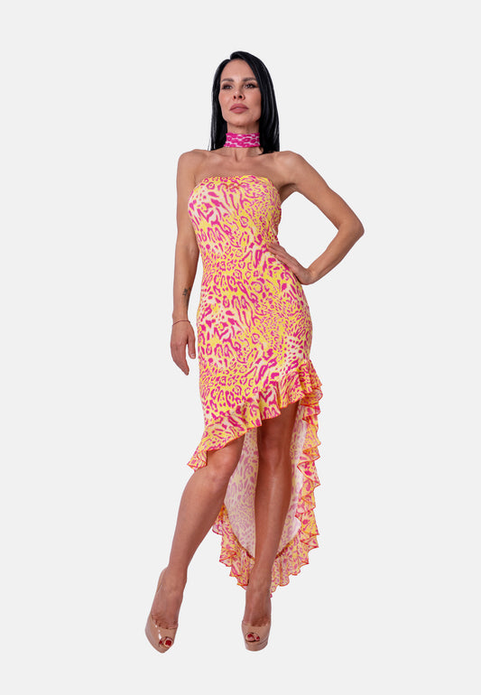 Asymmetrisches Bandeau-Kleid mit Animalprint und Volantsaum in Gelb-Pink | Birds of Wild Grace by Birds of Love