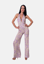 Jumpsuit mit tiefem V-Ausschnitt und weitem Bein im Animalprint in Flieder-Beige | Birds of Wild Grace by Birds of Love