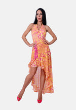 Asymmetrisches Kleid mit abnehmbarer Naht-Cape und Volantsaum in Gelb-Pink | Birds of Wild Grace by Birds of Love