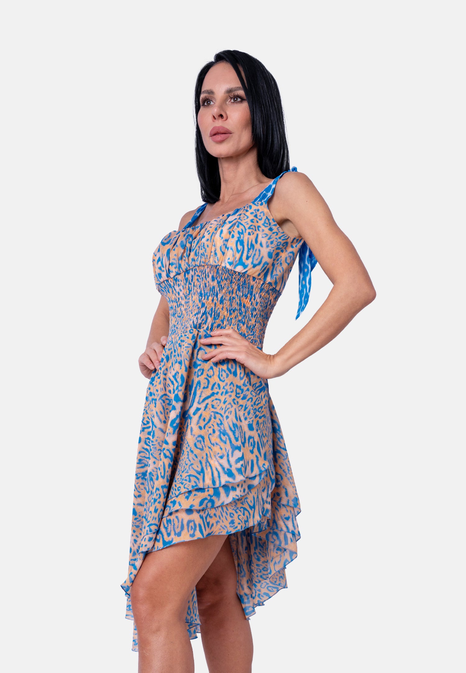 Asymmetrisches Midikleid mit Animalprint und geraffierter Taille in Blau-Beige | Birds of Wild Grace by Birds of Love