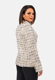 Double-breasted tweed blazer jacket containing wool