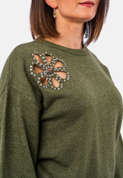 Sweater long-sleeved flower rhinestone