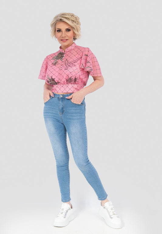 Skinny stretch jeans with rhinestone wings