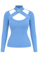 Strickpullover mit Cut-Out und Strassvögeln – Babyblau