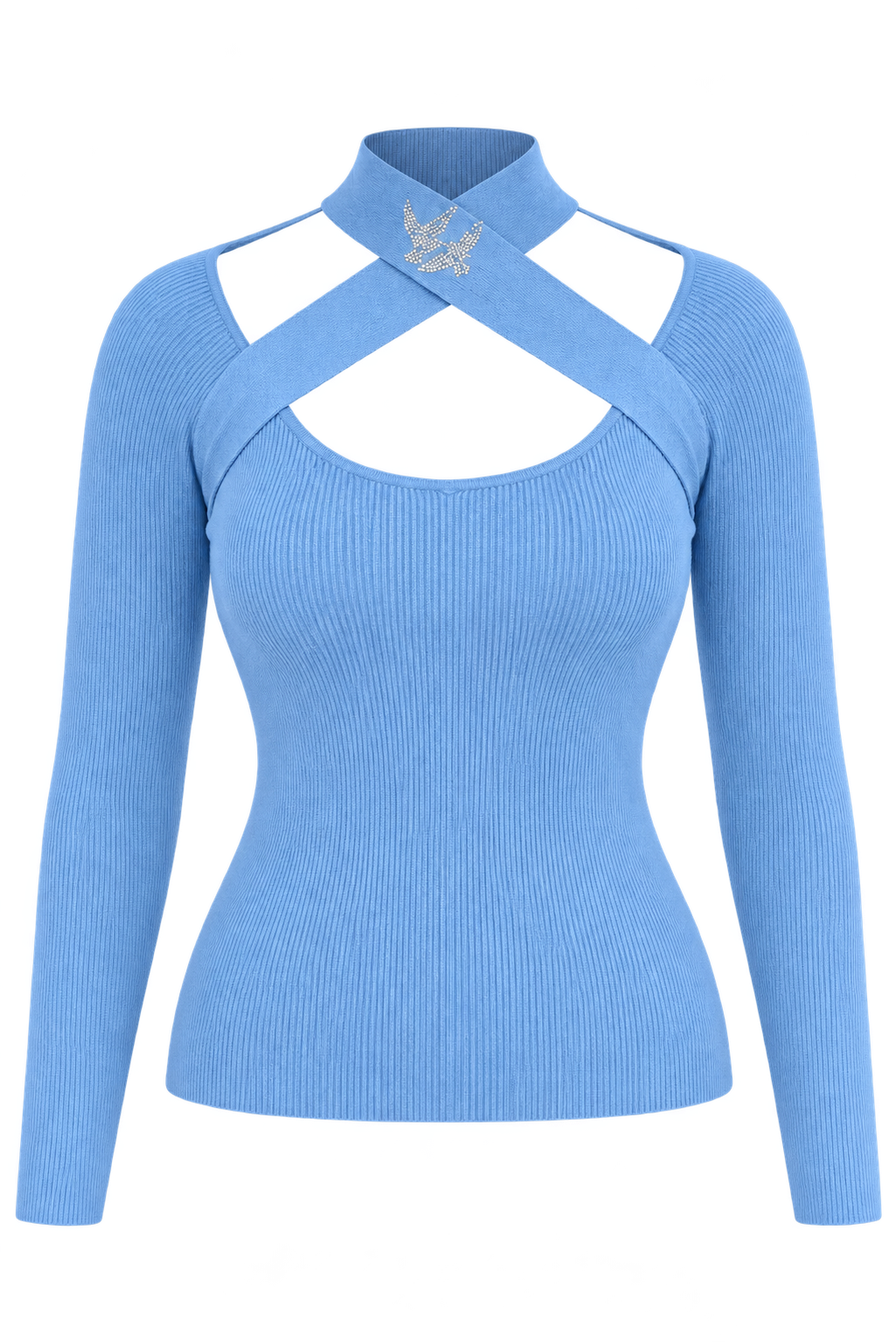 Strickpullover mit Cut-Out und Strassvögeln – Babyblau