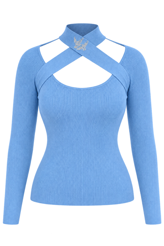 Strickpullover mit Cut-Out und Strassvögeln – Babyblau