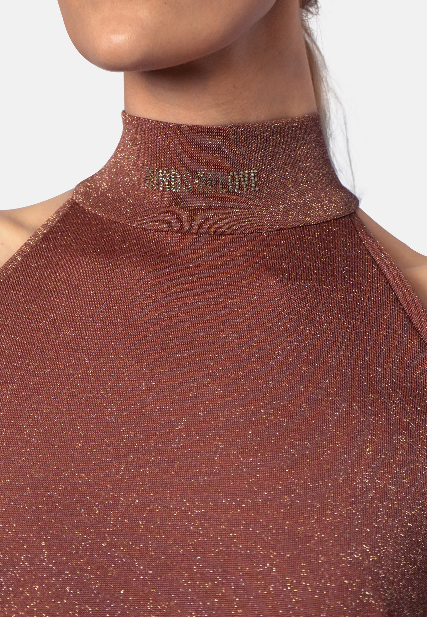 Detailansicht des tiramisu-farbenen Minikleids mit schimmerndem Lurex-Stoff und „BIRDS OF LOVE“-Logo aus Strasssteinen am hohen Halsausschnitt – Studioaufnahme