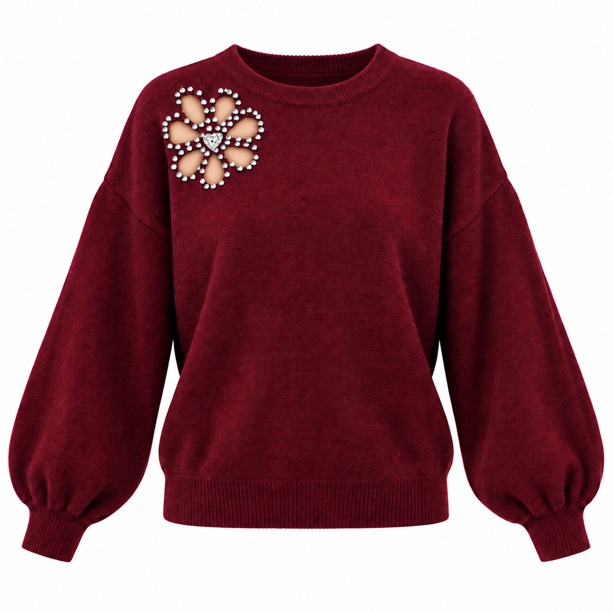 Pullover mit Strass-Blume in Bordeaux & Oliv | Birds of Love