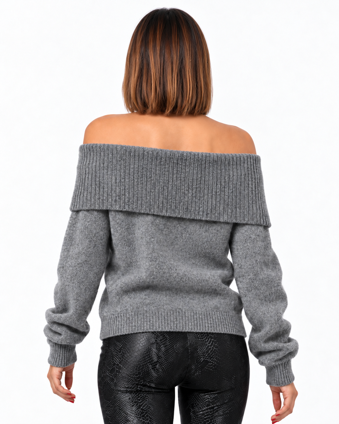 Grauer Off-Shoulder-Strickpullover mit Herzdetail