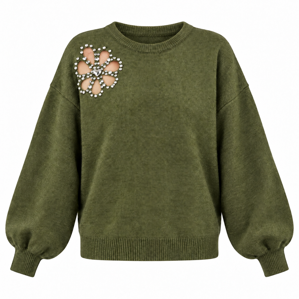Pullover mit Strass-Blume in Bordeaux & Oliv | Birds of Love