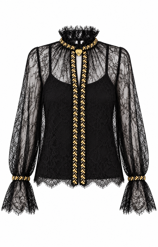 Schwarze Spitzenbluse mit goldenem Strass