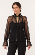 Schwarze Spitzenbluse mit goldenem Strass