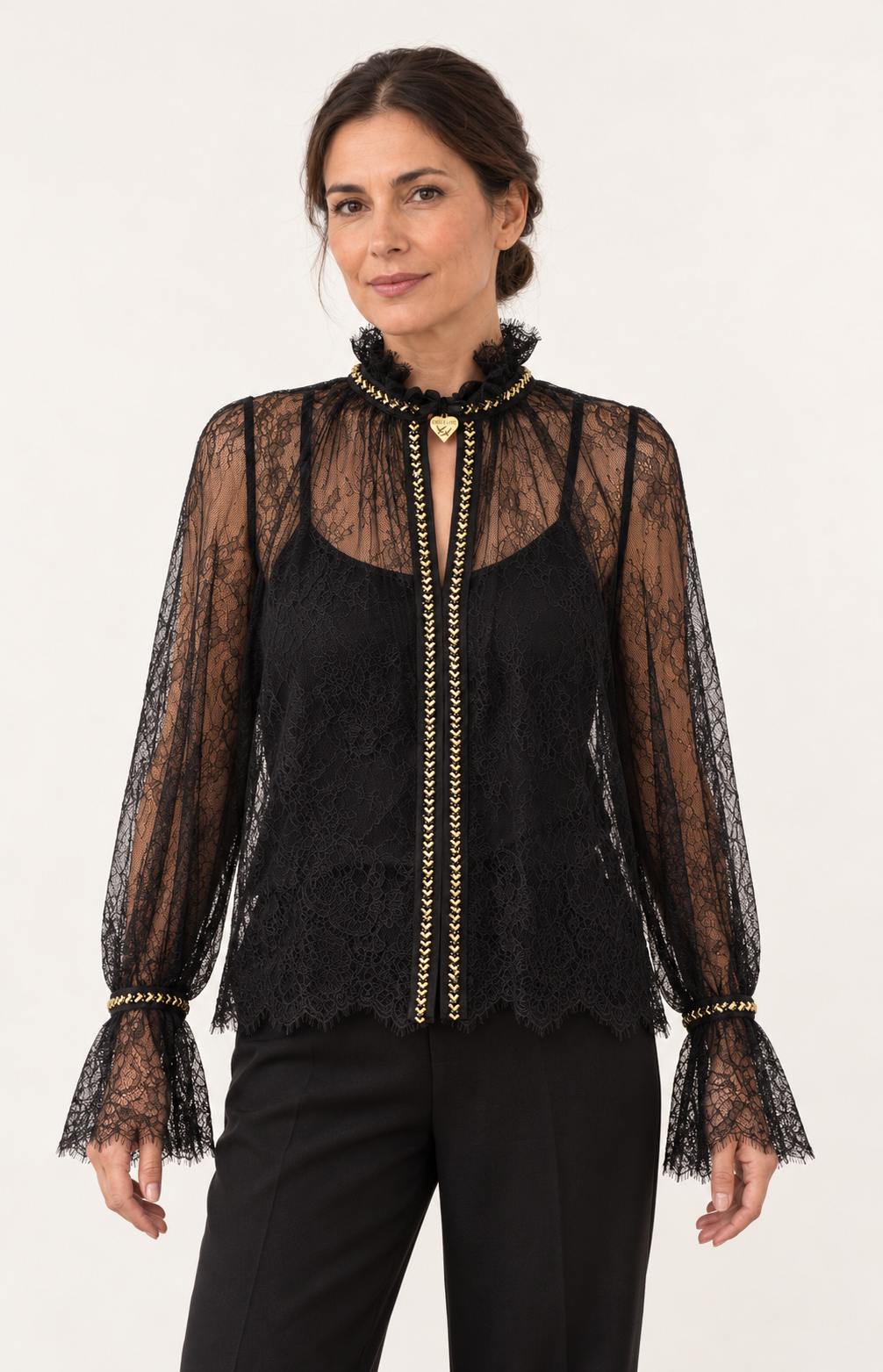 Schwarze Spitzenbluse mit goldenem Strass