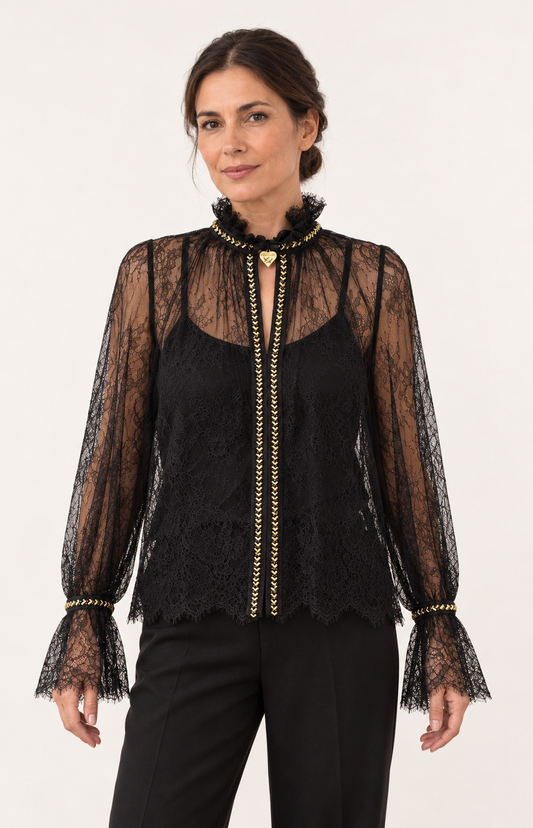 Schwarze Spitzenbluse mit goldenem Strass