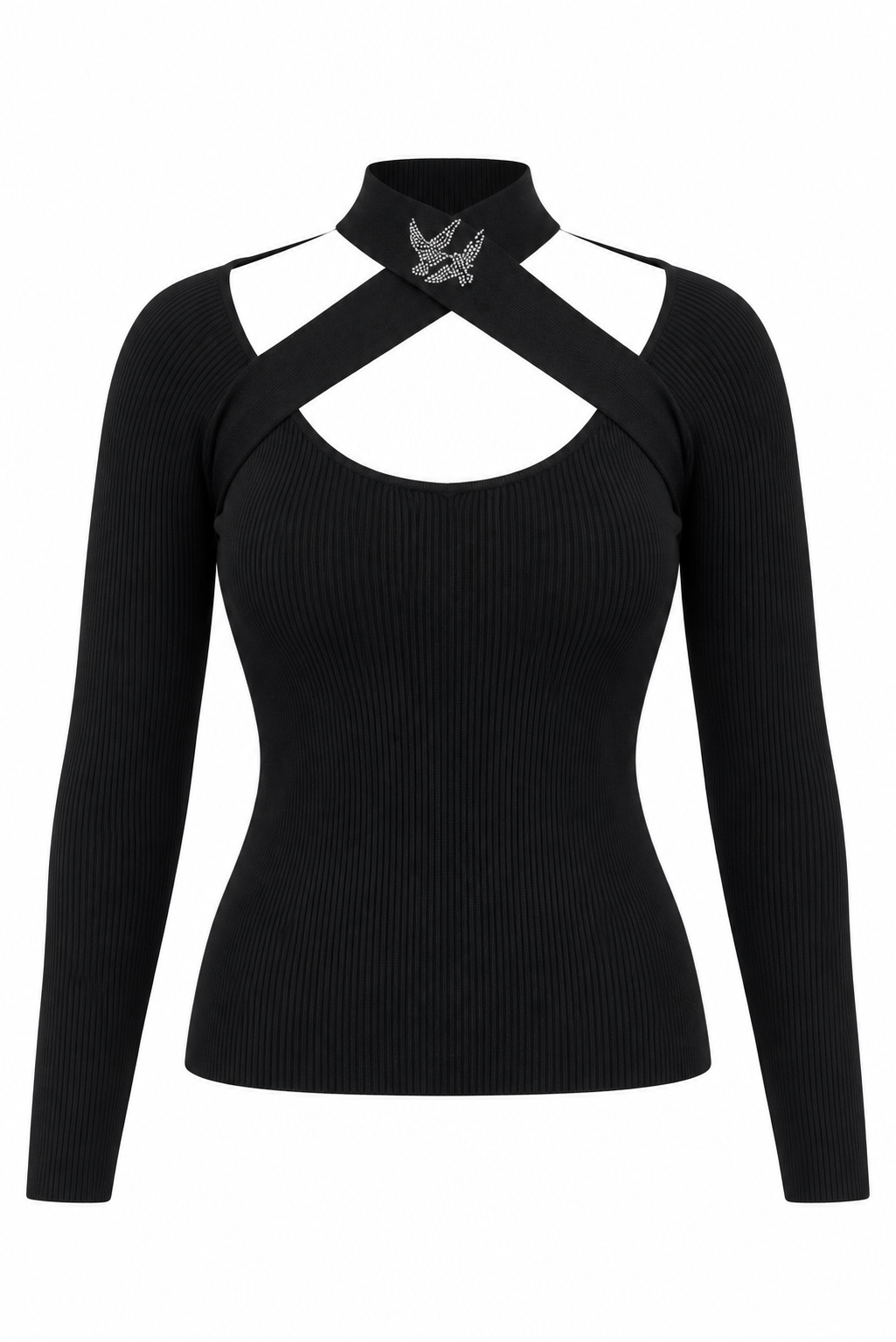 Strickpullover mit Cut-Out und Strassvögeln – Schwarz